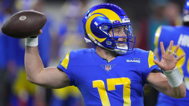 Rams quarterback Baker Mayfield throws a pass vs. Raiders.